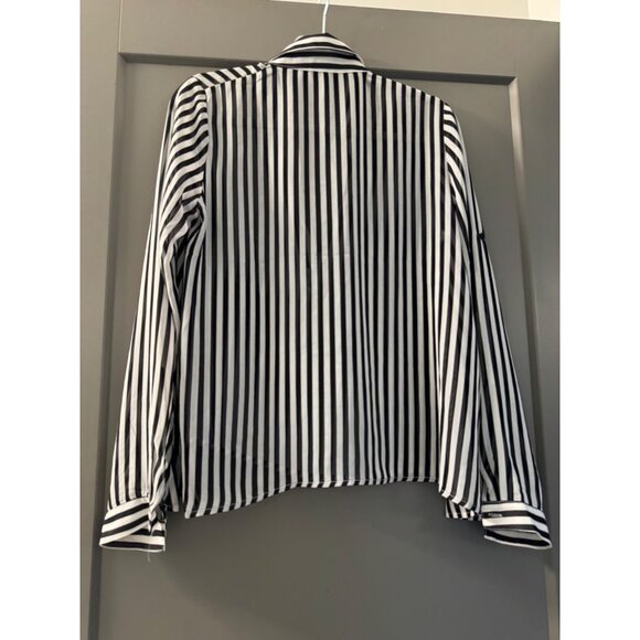 Black & White Striped Button-Up Blouse By Tobi Long Sleeve Chest Pocket 100% Pol - Picture 2 of 7